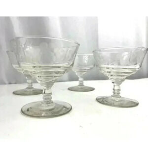 VTG Set of 4 Pedestal Etched Grapes Crystal Sherbet Dessert Cocktail Glasses 4"